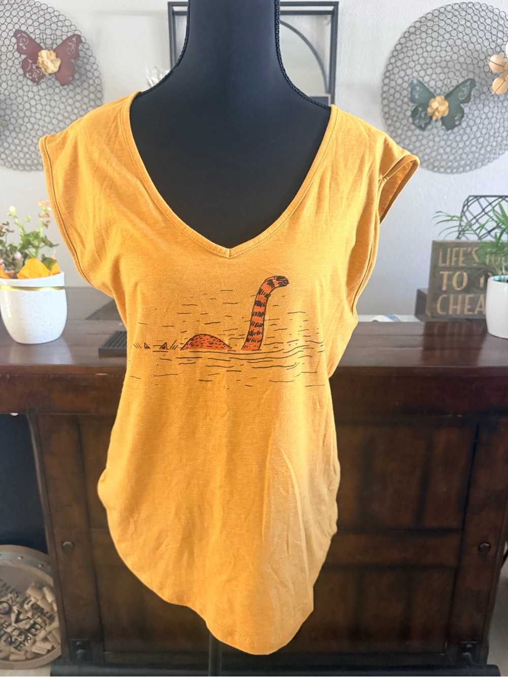 Next Level Apparel Mustard Yellow V-Neck Tee “Fat Orange Cat Brew Co.”
